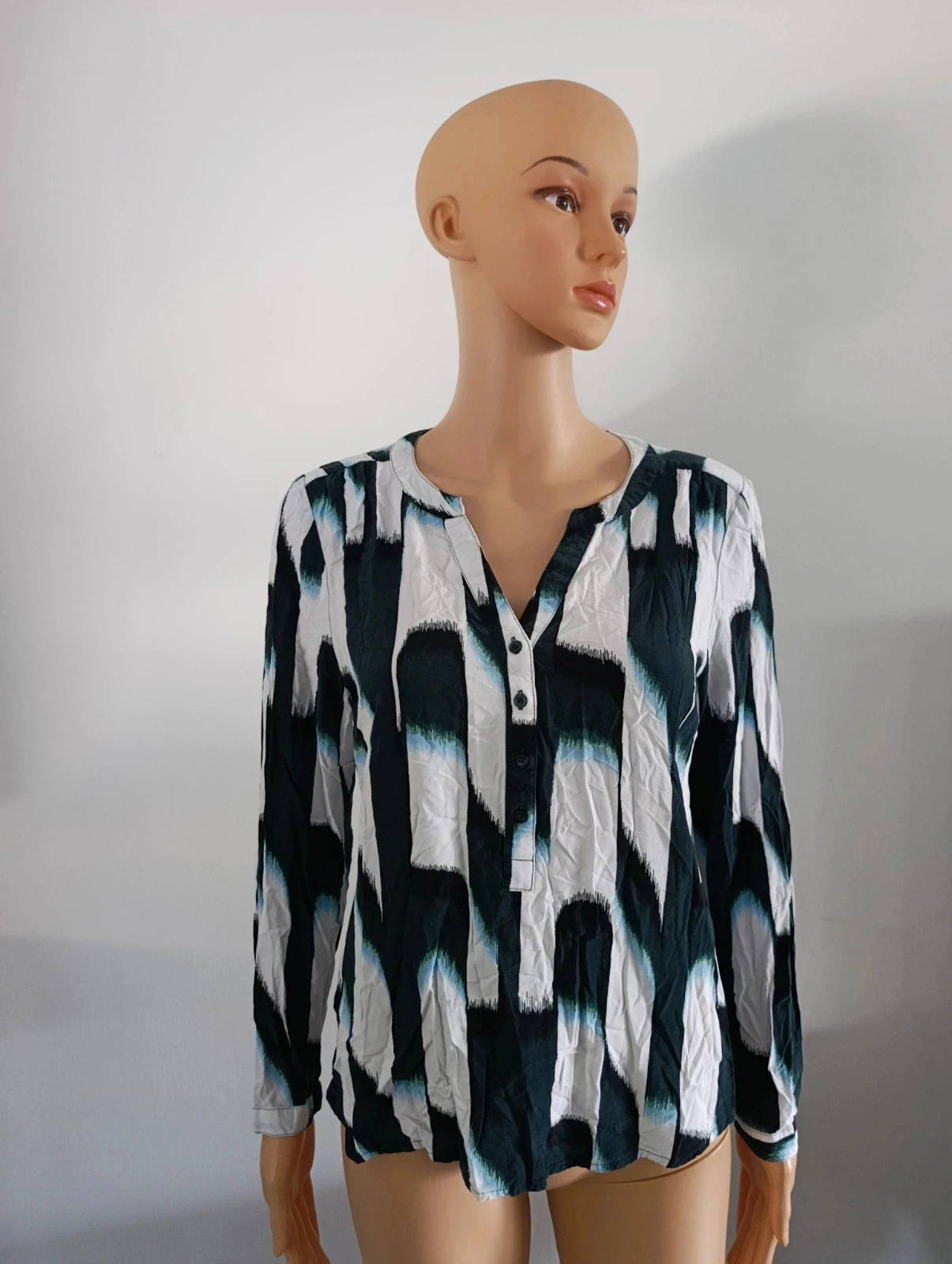 Blouse Street One femme T42 vert blanc imprimé graphique manches longues fluide